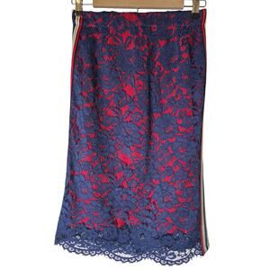 RUMERE Navy Blue Red Lace Sporty Fairy Pencil Midi Skirt SZ 38 (US 6)